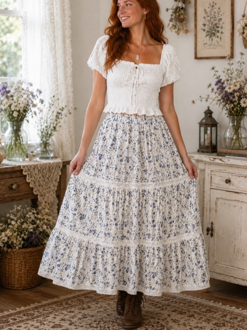 Cider Midi Skirt Womens Size 4XL White Blue Floral Cottagecore Boho Farm Poet